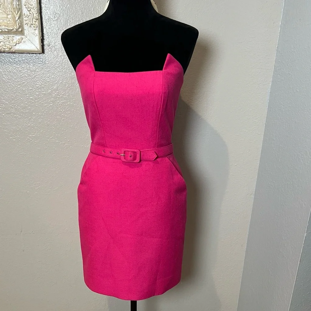Victor Costa Vibrant Pink Strapless Sheath Dress with Belt - Picture 3 of 12